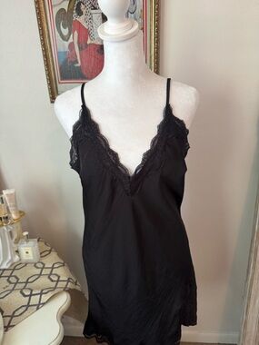 Out From Under Lace Trim V-Neck Satin Chemise Slip - Black